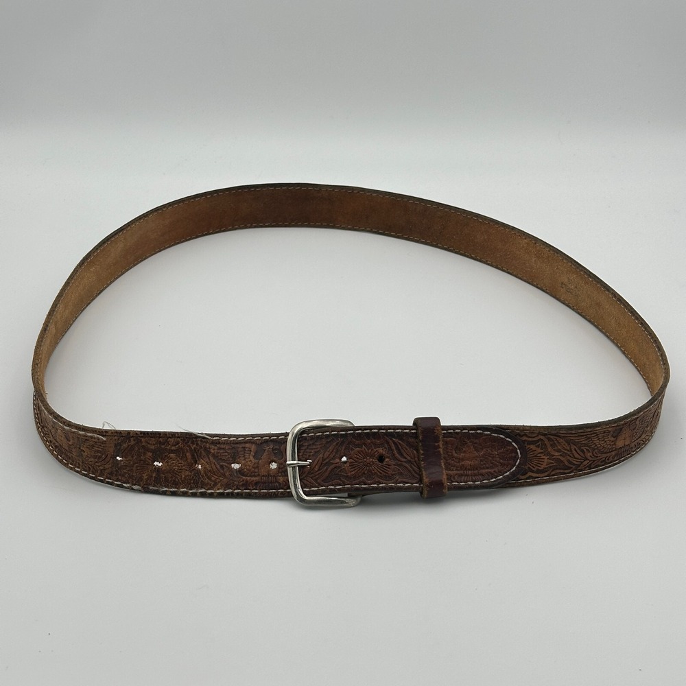 Vintage Leather Belt Brown XL Embossed Eagle Cowboy Trucker Unisex Boho - Picture 6 of 8
